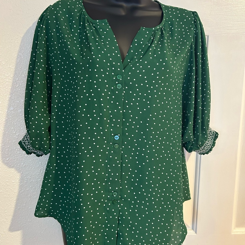 Bobeau Forest Green Blouse with White Dots